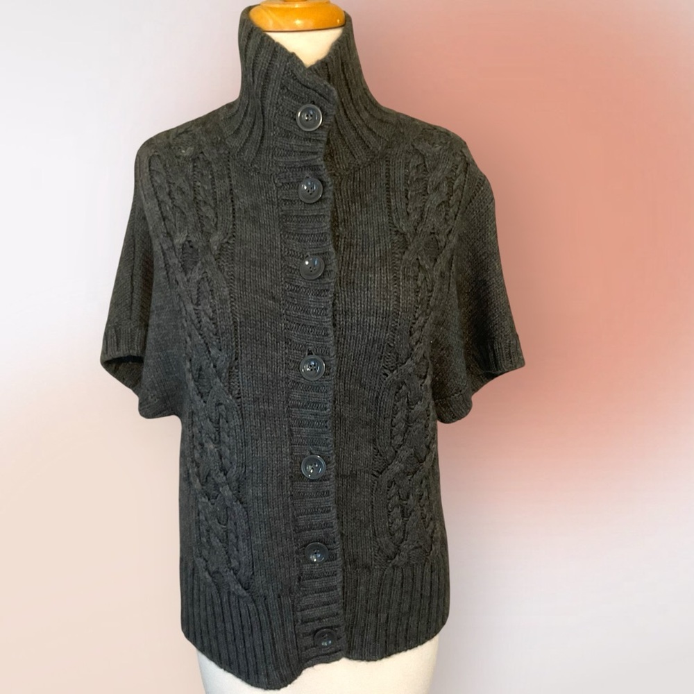 Lauren Hansen Wool Blend Gray Cable Knit Short Sleeve Cardigan Size M